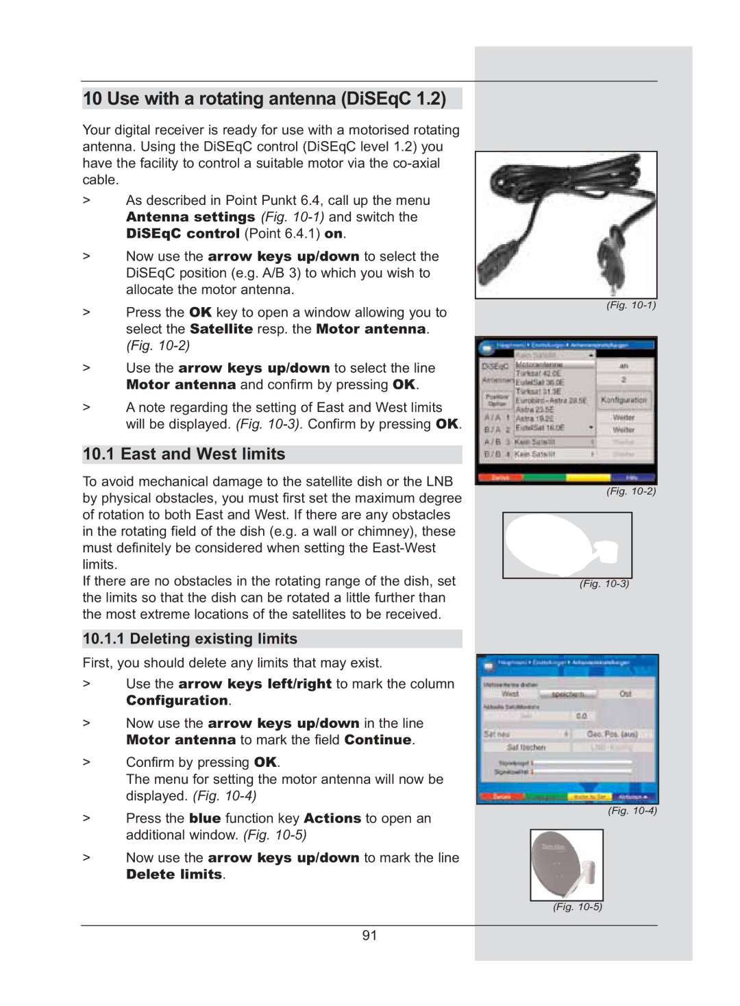 TechniSat DigiCorder S2 manual Use with a rotating antenna DiSEqC, East and West limits, Deleting existing limits 