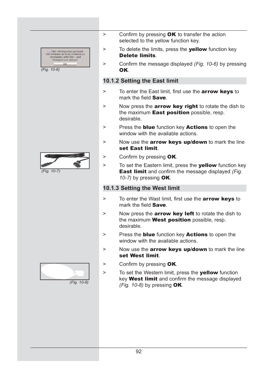 TechniSat DigiCorder S2 manual Setting the East limit, Setting the West limit, Set East limit, Set West limit 