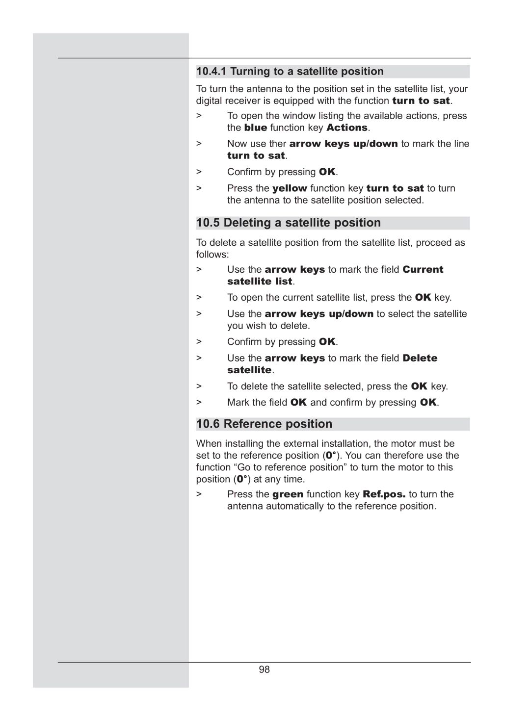 TechniSat DigiCorder S2 manual Deleting a satellite position, Reference position, Turning to a satellite position 