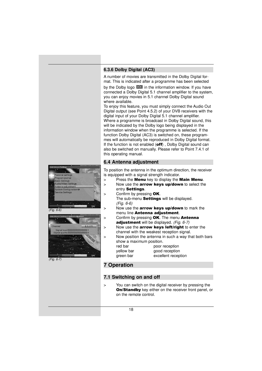 TechniSat DigiPal 2 manual Operation, Antenna adjustment, Switching on and off, Dolby Digital AC3 