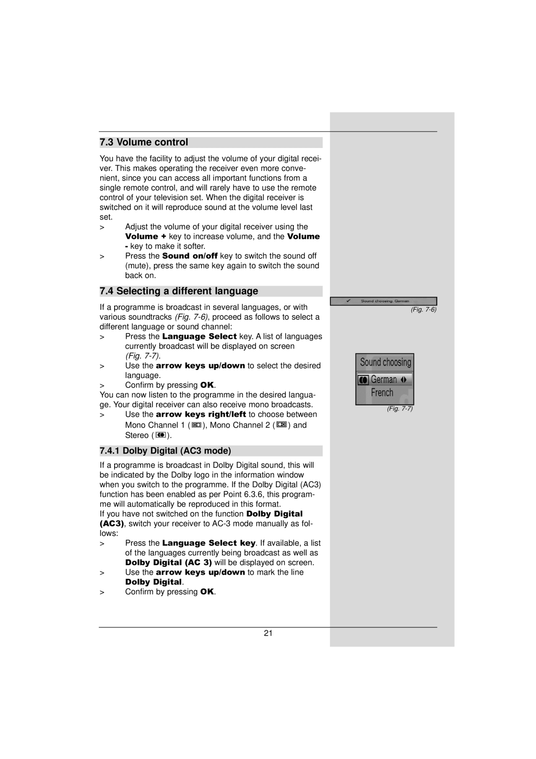 TechniSat DigiPal 2 manual Volume control, Selecting a different language, Dolby Digital AC3 mode 