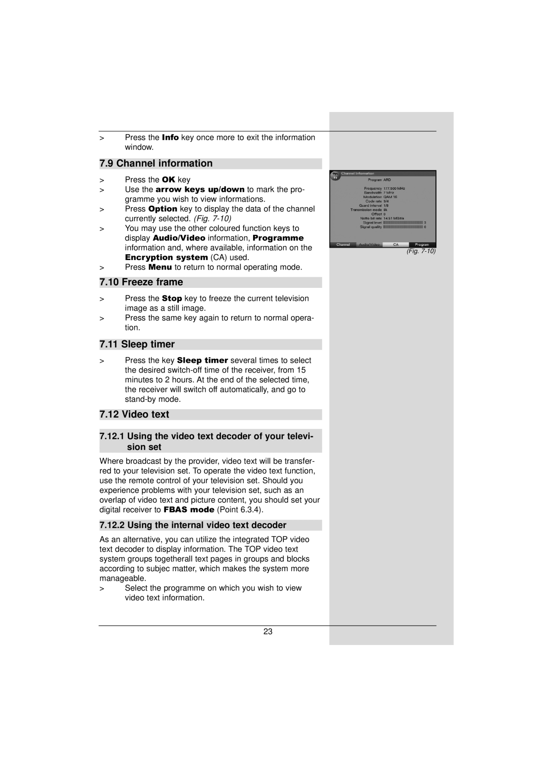 TechniSat DigiPal 2 manual Channel information, Freeze frame, Sleep timer, Video text 