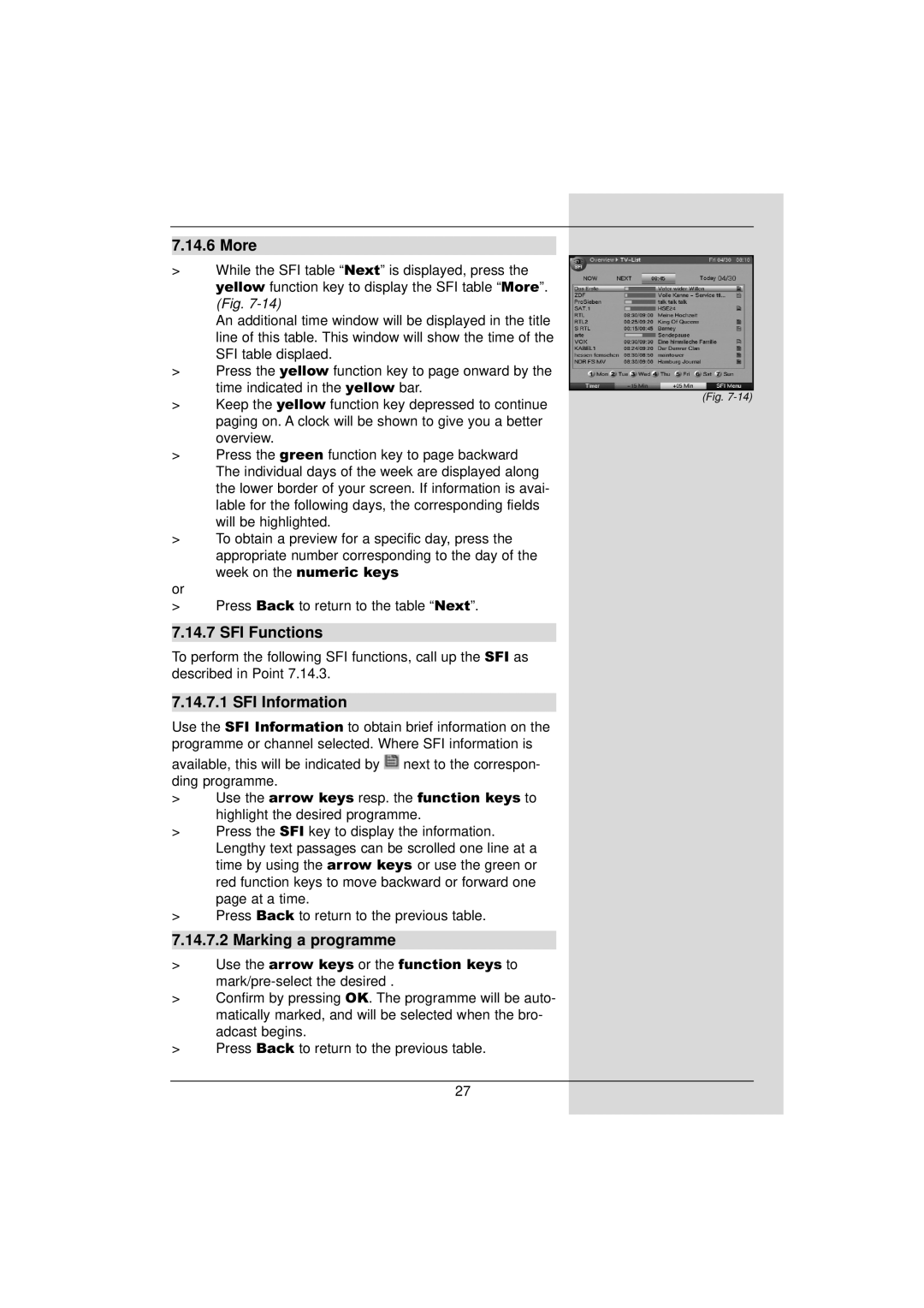 TechniSat DigiPal 2 manual More, SFI Functions, SFI Information, Marking a programme 