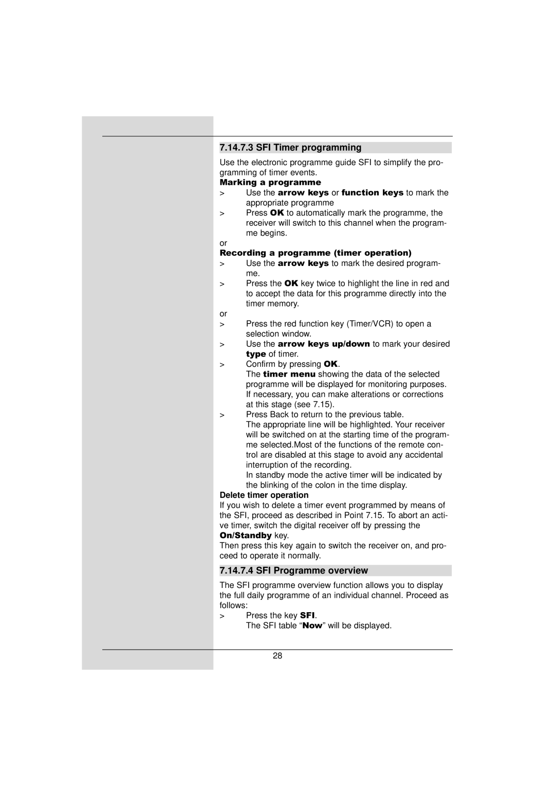 TechniSat DigiPal 2 manual SFI Timer programming, SFI Programme overview 