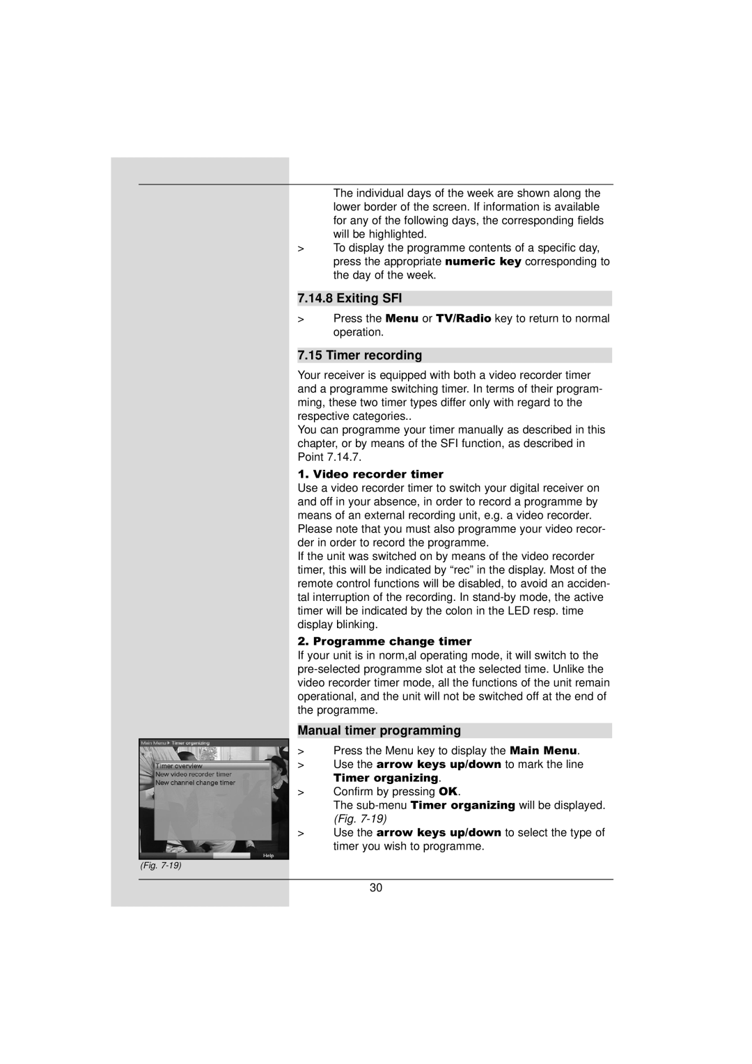 TechniSat DigiPal 2 manual Exiting SFI, Timer recording, Manual timer programming 