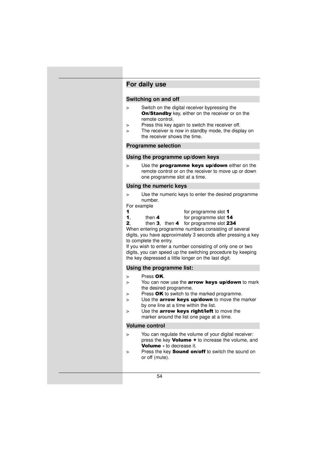 TechniSat DigiPal 2 manual For daily use, Switching on and off, Programme selection Using the programme up/down keys 