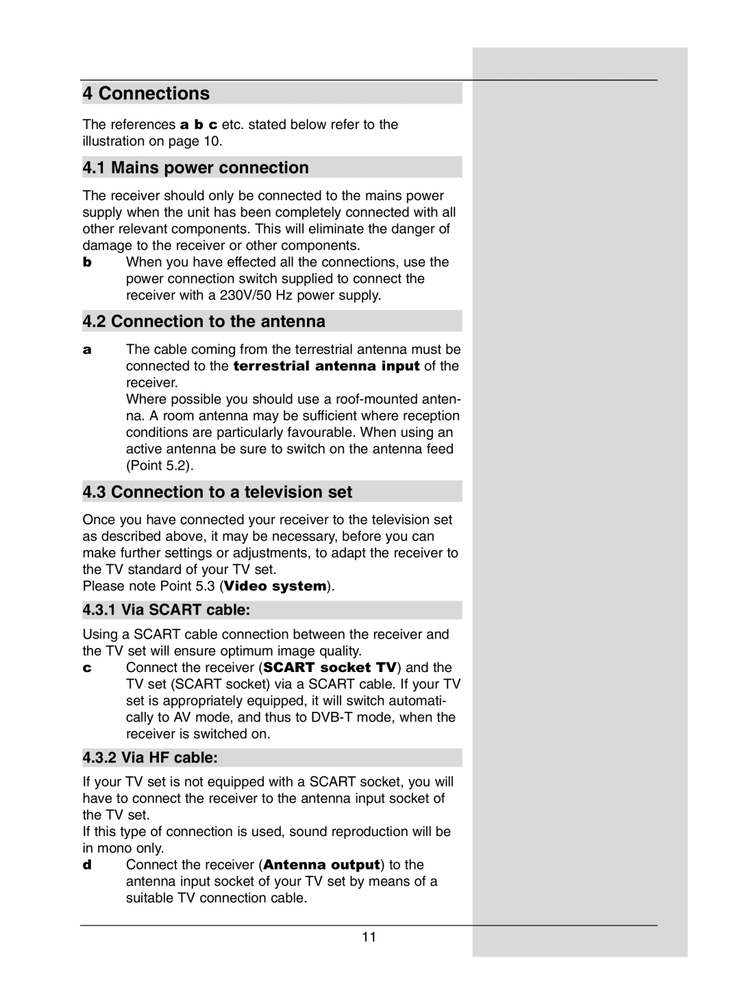 TechniSat DigiPal1 manual Connections, Mains power connection, Connection to the antenna, Connection to a television set 