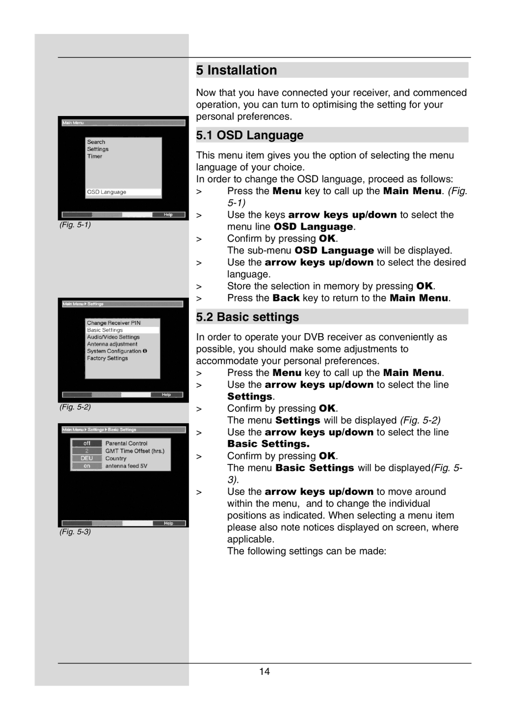 TechniSat DigiPal1 manual Installation, OSD Language, Basic settings 