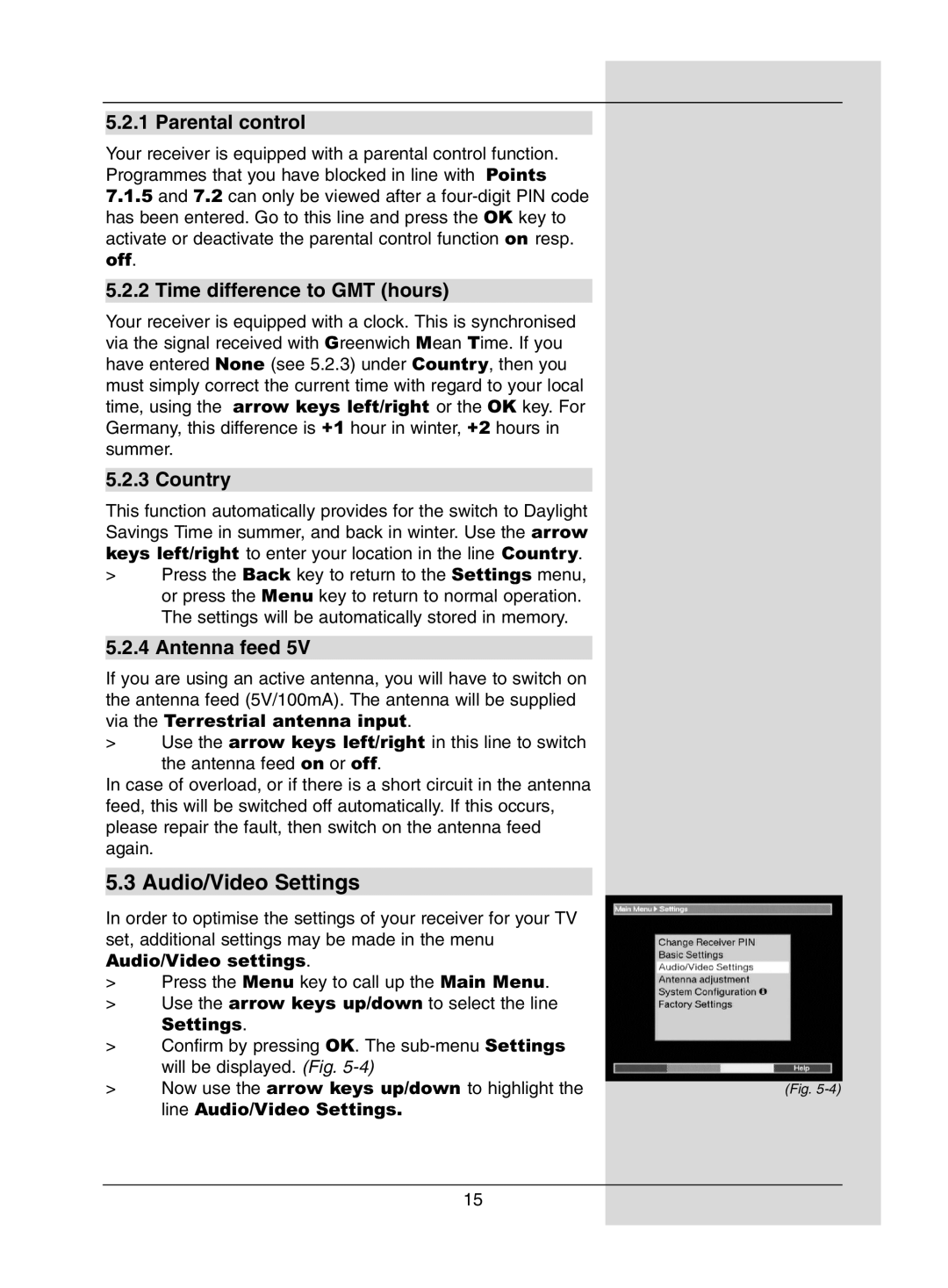 TechniSat DigiPal1 manual Audio/Video Settings, Parental control, Time difference to GMT hours, Country, Antenna feed 