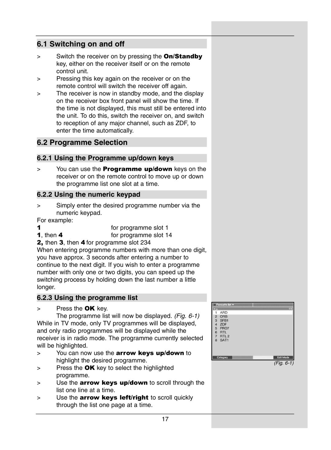 TechniSat DigiPal1 Switching on and off, Programme Selection, Using the Programme up/down keys, Using the numeric keypad 