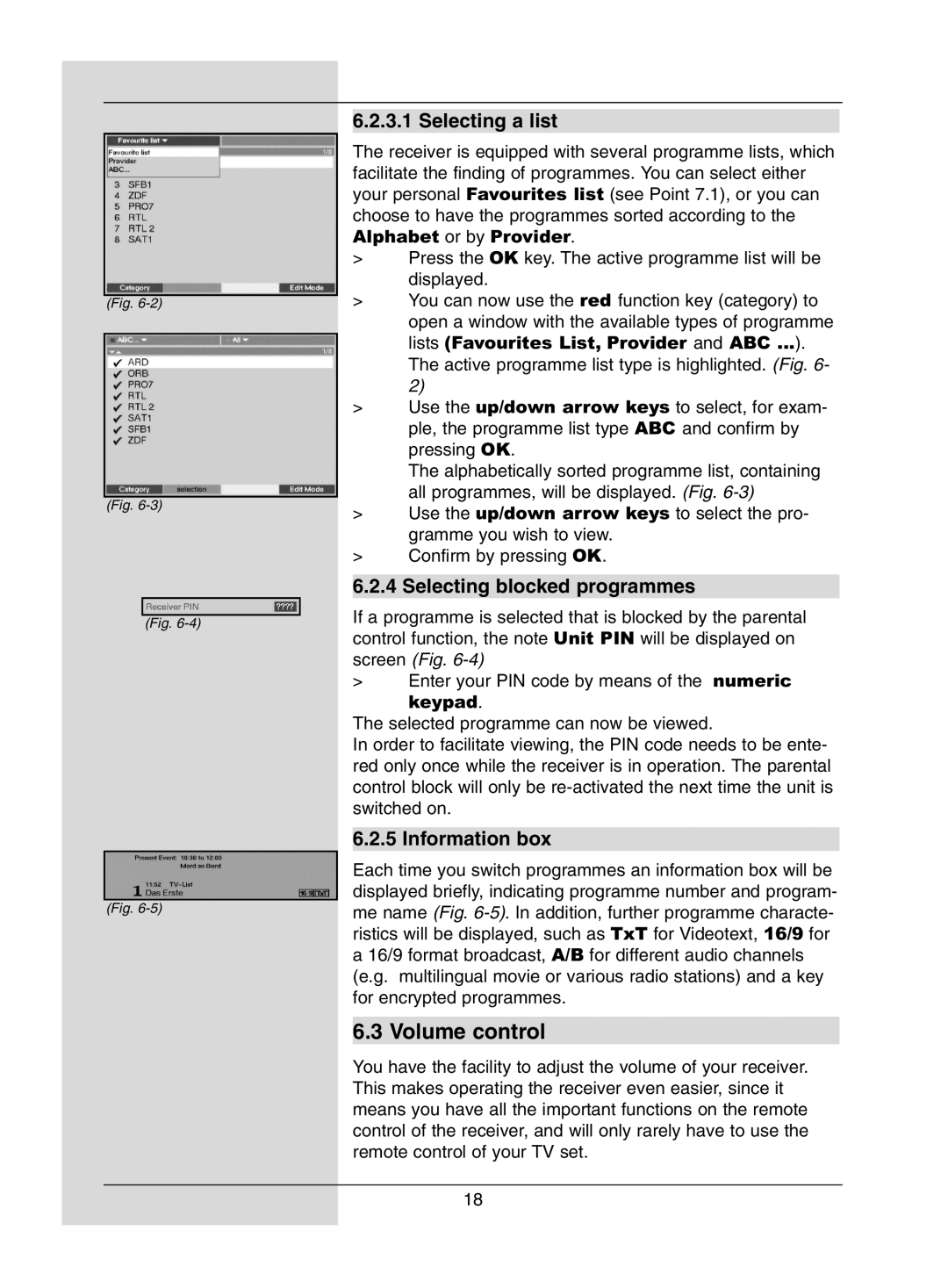 TechniSat DigiPal1 manual Volume control, Selecting a list, Selecting blocked programmes, Information box 