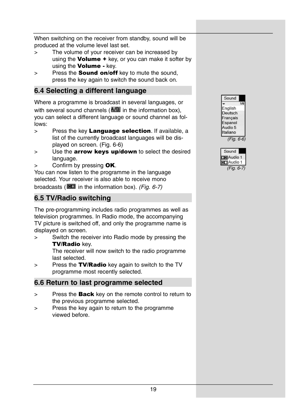 TechniSat DigiPal1 manual Selecting a different language, TV/Radio switching, Return to last programme selected 