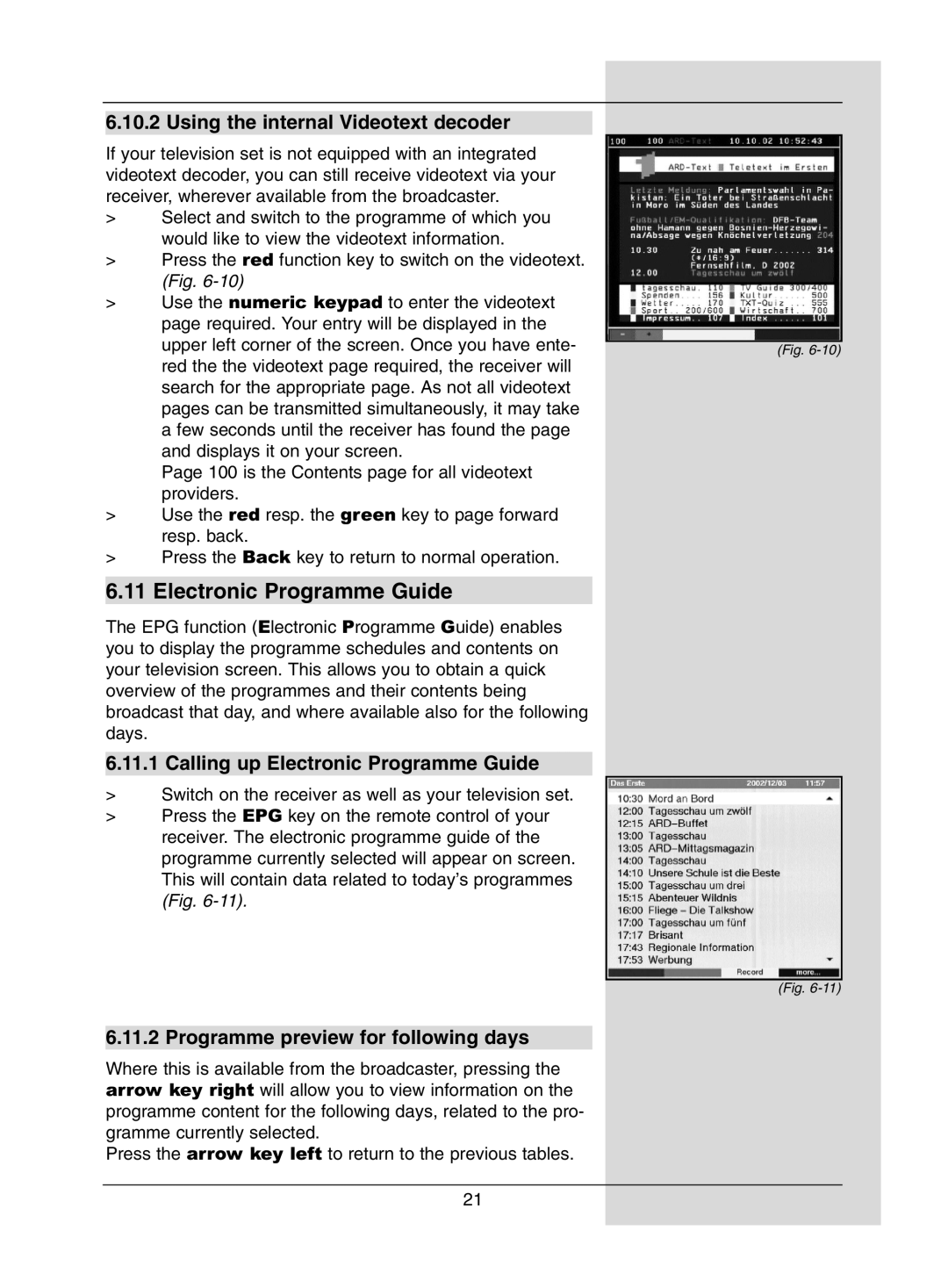 TechniSat DigiPal1 manual Using the internal Videotext decoder, Calling up Electronic Programme Guide 