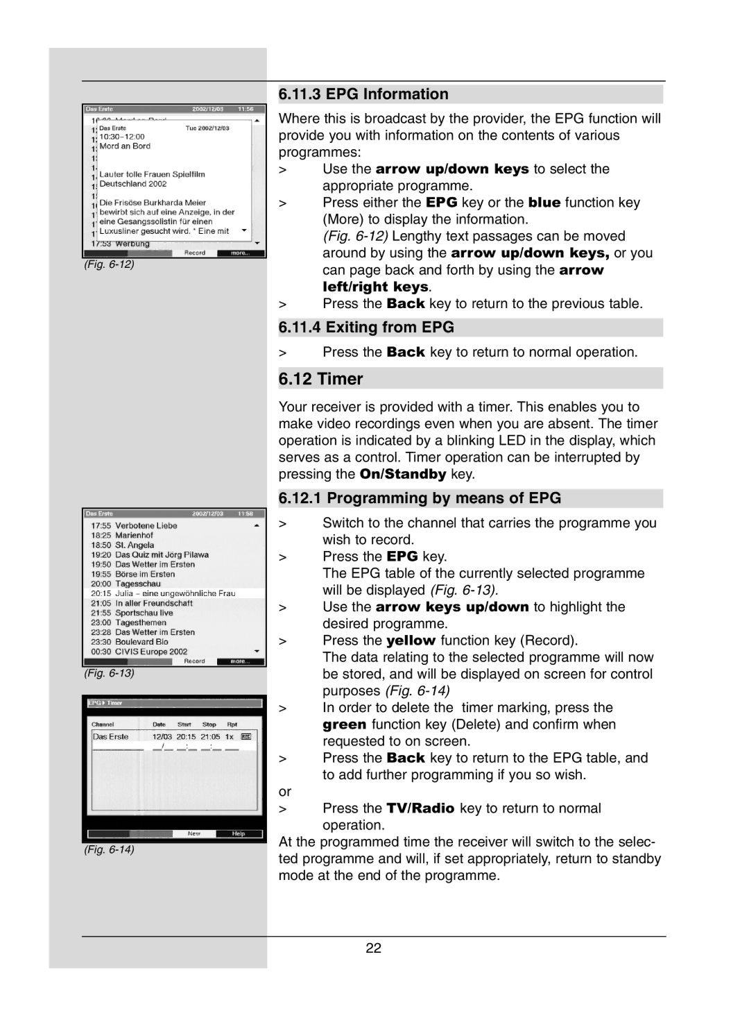 TechniSat DigiPal1 manual Timer, EPG Information, Exiting from EPG, Programming by means of EPG 