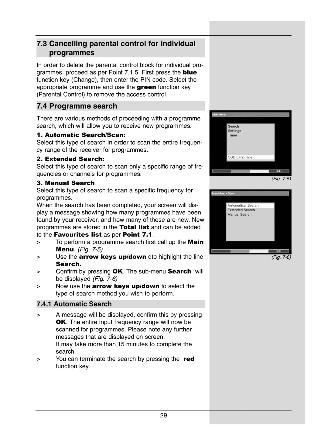 TechniSat DigiPal1 manual Cancelling parental control for individual programmes, Programme search, Automatic Search 