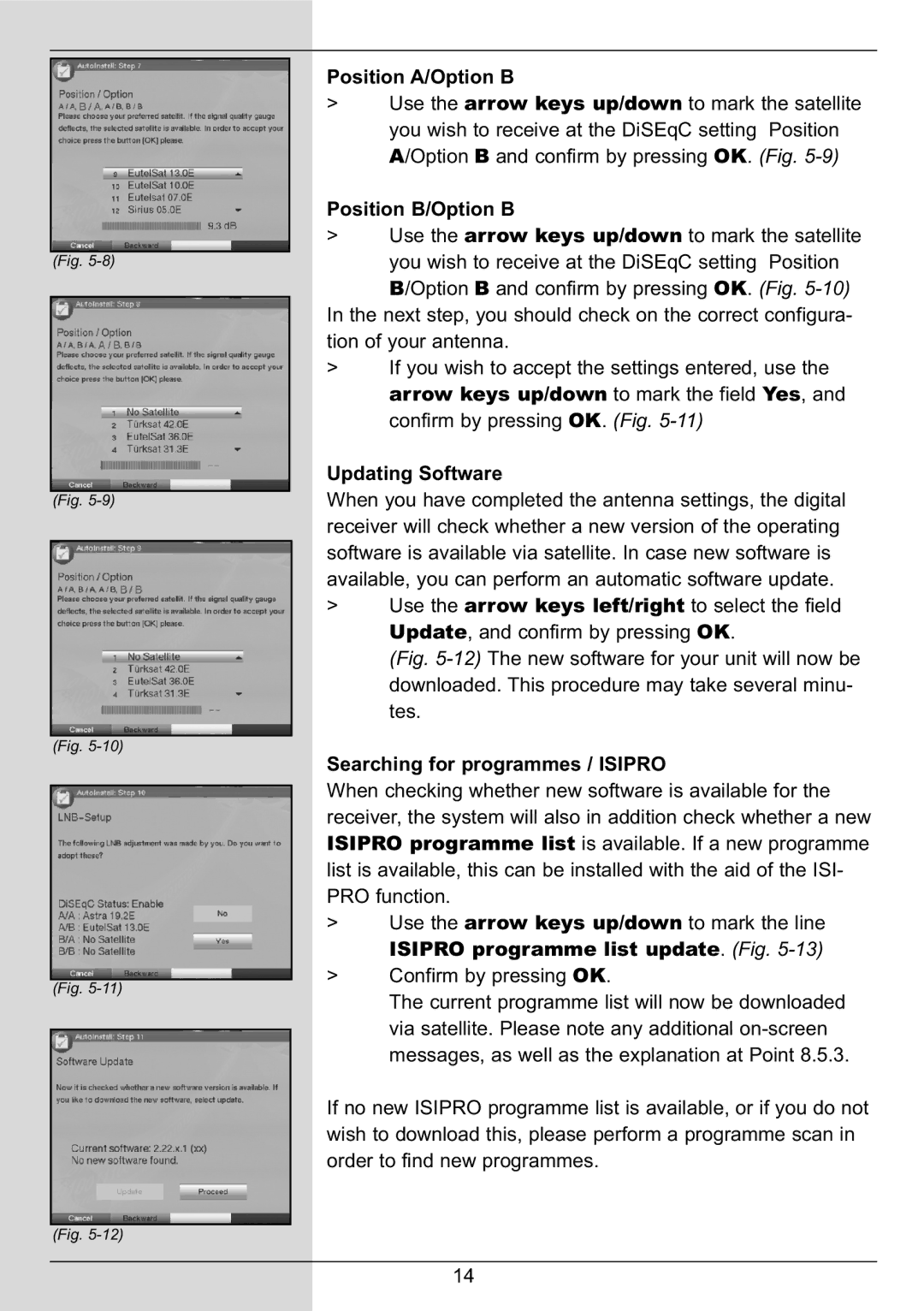 TechniSat DIGIT MF4-S manual Position A/Option B, Position B/Option B, Updating Software, Searching for programmes / Isipro 