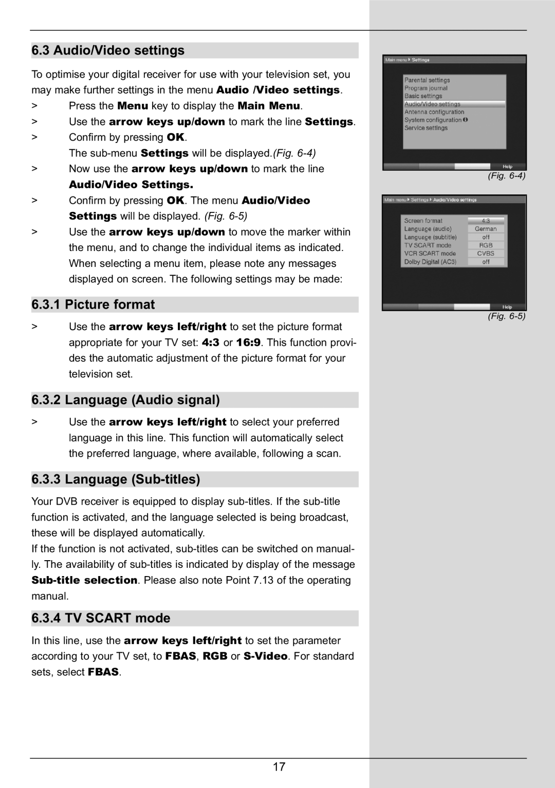 TechniSat DIGIT MF4-S Audio/Video settings, Picture format, Language Audio signal, Language Sub-titles, TV Scart mode 