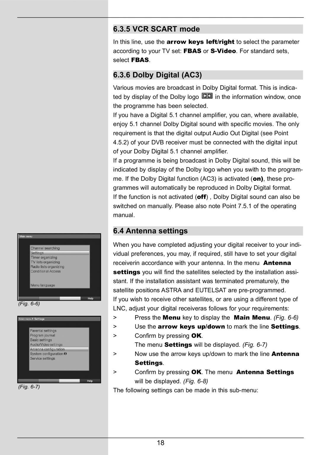 TechniSat DIGIT MF4-S manual VCR Scart mode, Dolby Digital AC3, Antenna settings 