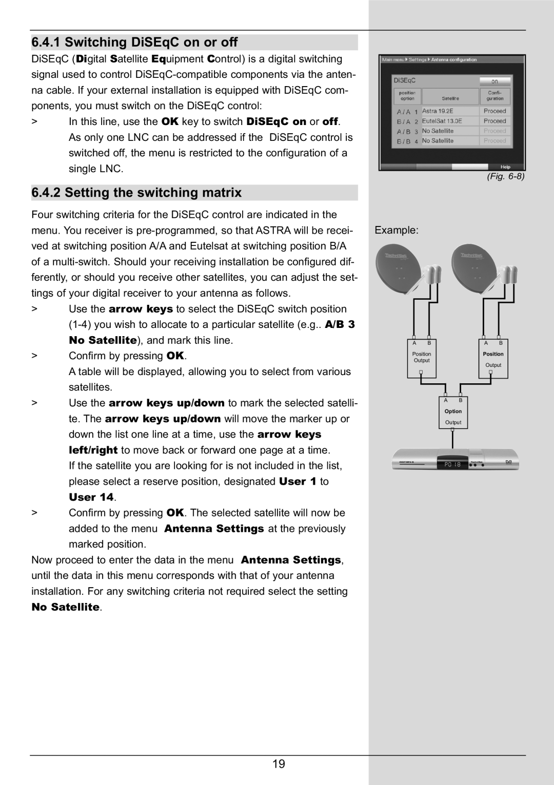 TechniSat DIGIT MF4-S manual Switching DiSEqC on or off, Setting the switching matrix, User 