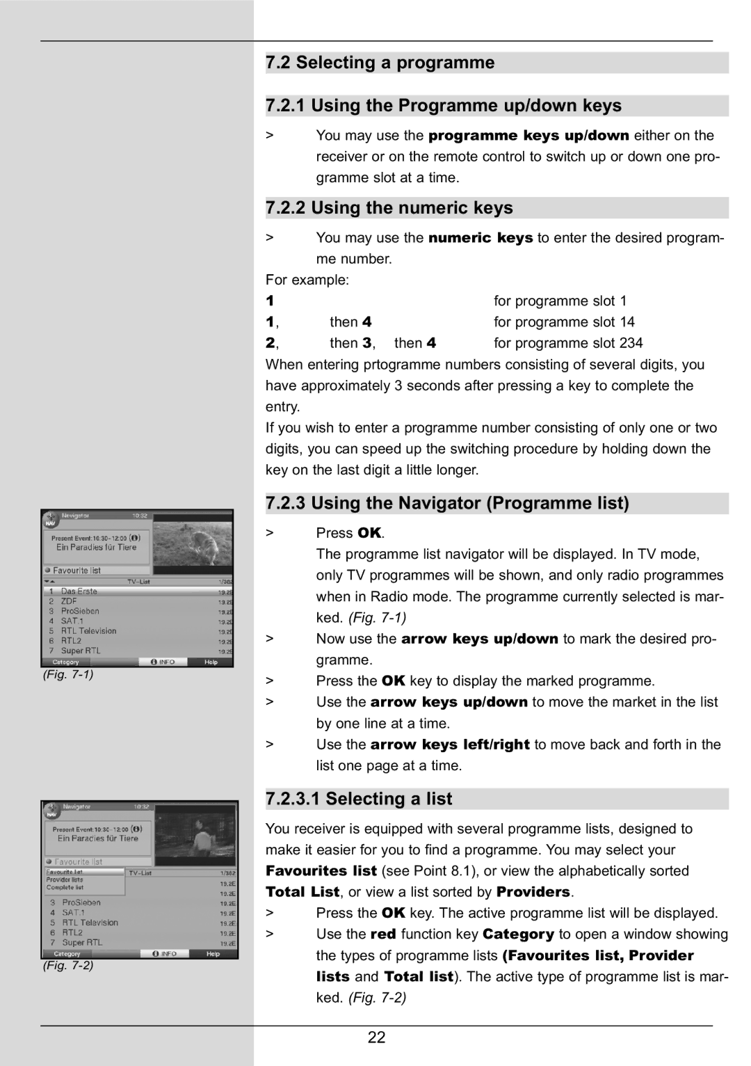 TechniSat DIGIT MF4-S Selecting a programme Using the Programme up/down keys, Using the numeric keys, Selecting a list 