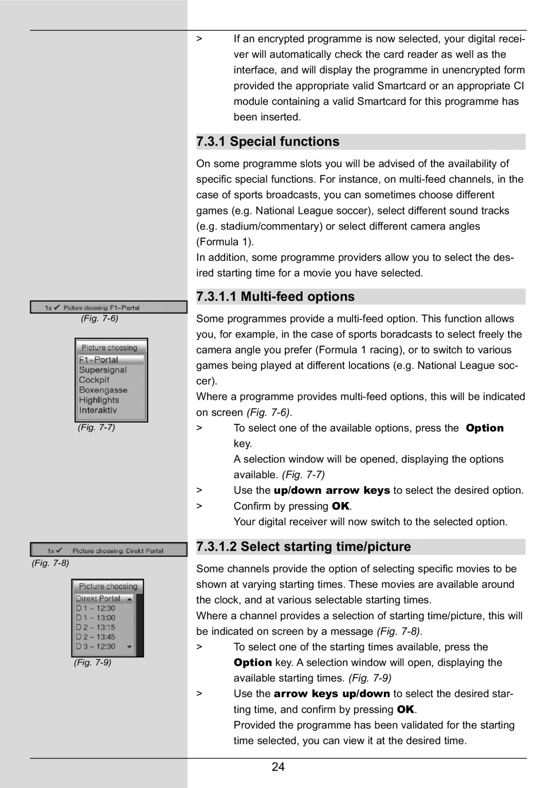 TechniSat DIGIT MF4-S manual Special functions, Multi-feed options, Select starting time/picture 