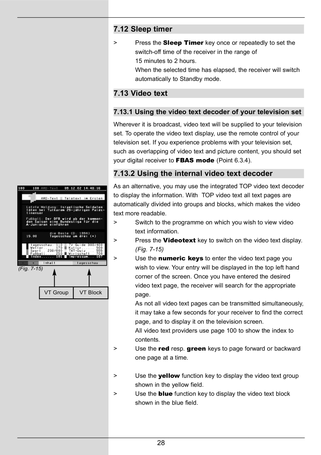 TechniSat DIGIT MF4-S manual Sleep timer, Video text, Using the internal video text decoder 