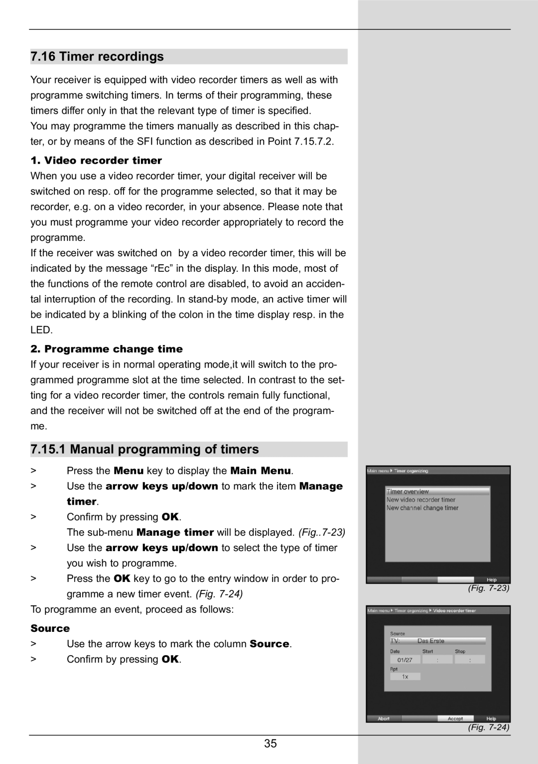 TechniSat DIGIT MF4-S manual Timer recordings, Manual programming of timers 