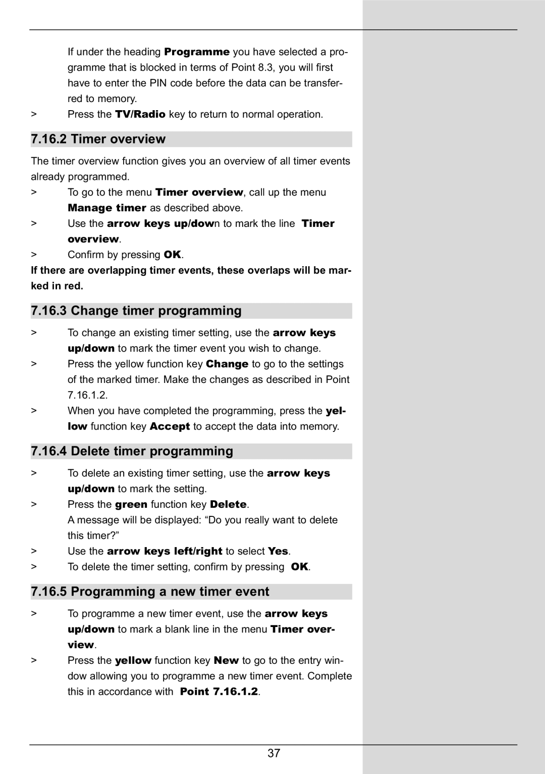 TechniSat DIGIT MF4-S Timer overview, Change timer programming, Delete timer programming, Programming a new timer event 