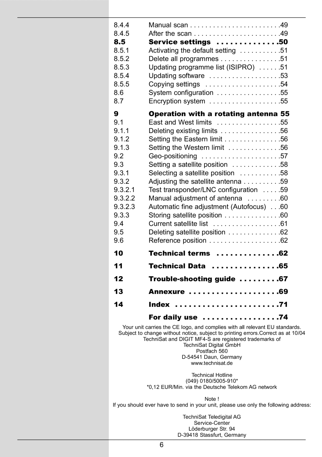 TechniSat DIGIT MF4-S manual Service settings, Operation with a rotating antenna 