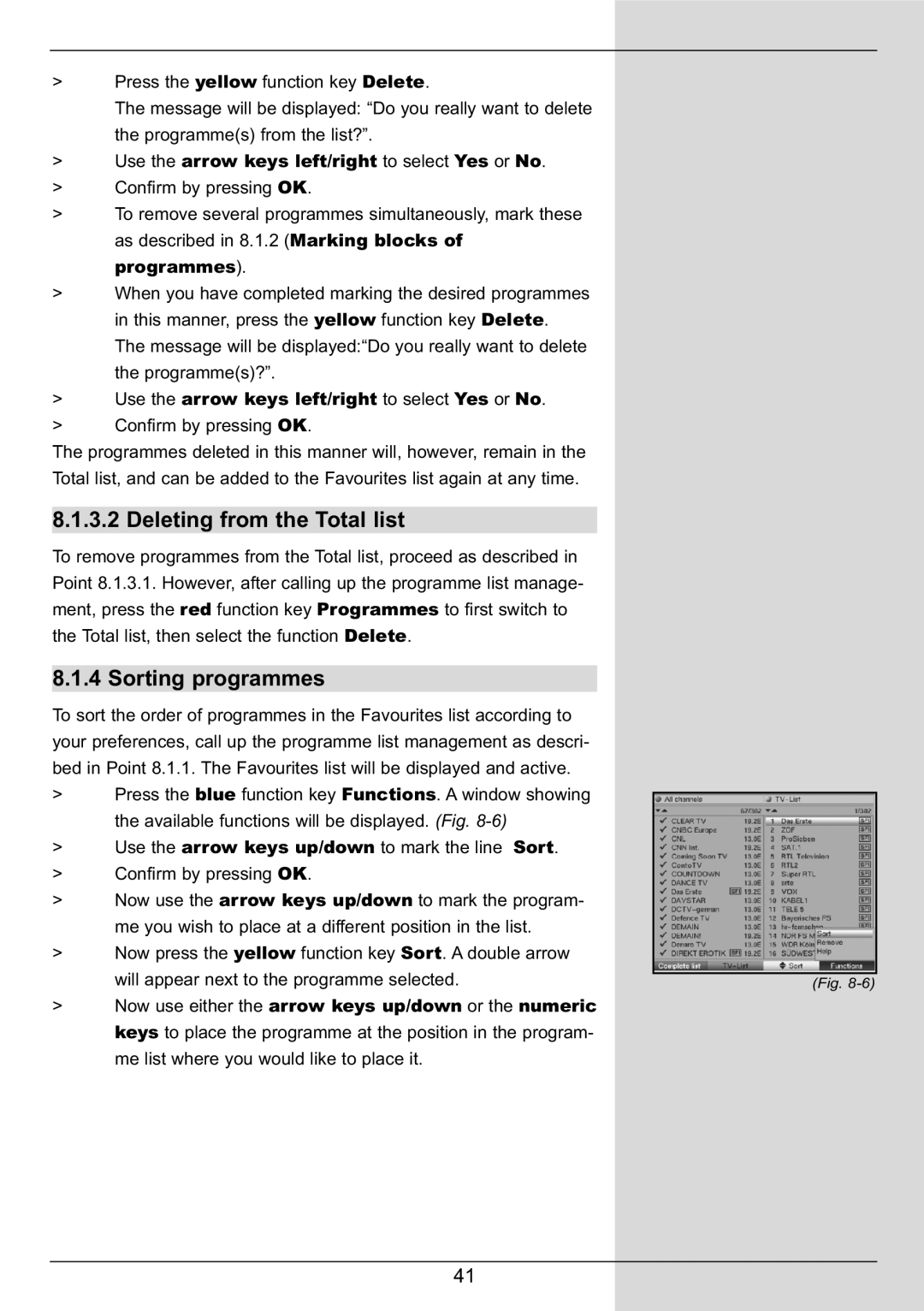 TechniSat DIGIT MF4-S Deleting from the Total list, Sorting programmes, Use the arrow keys left/right to select Yes or No 