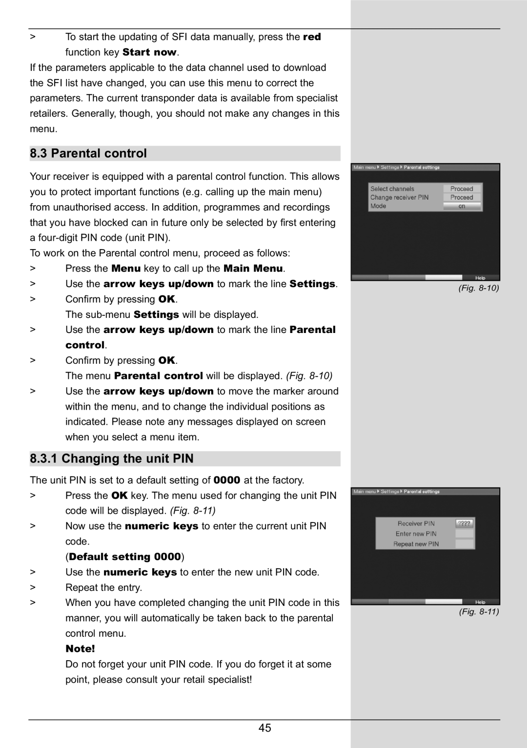 TechniSat DIGIT MF4-S manual Parental control, Changing the unit PIN, Default setting 