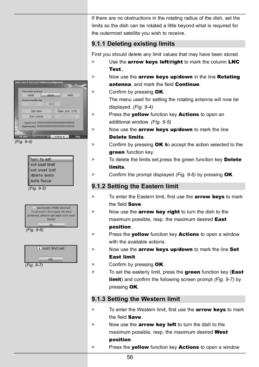 TechniSat DIGIT MF4-S manual Deleting existing limits, Setting the Eastern limit, Setting the Western limit, Delete limits 