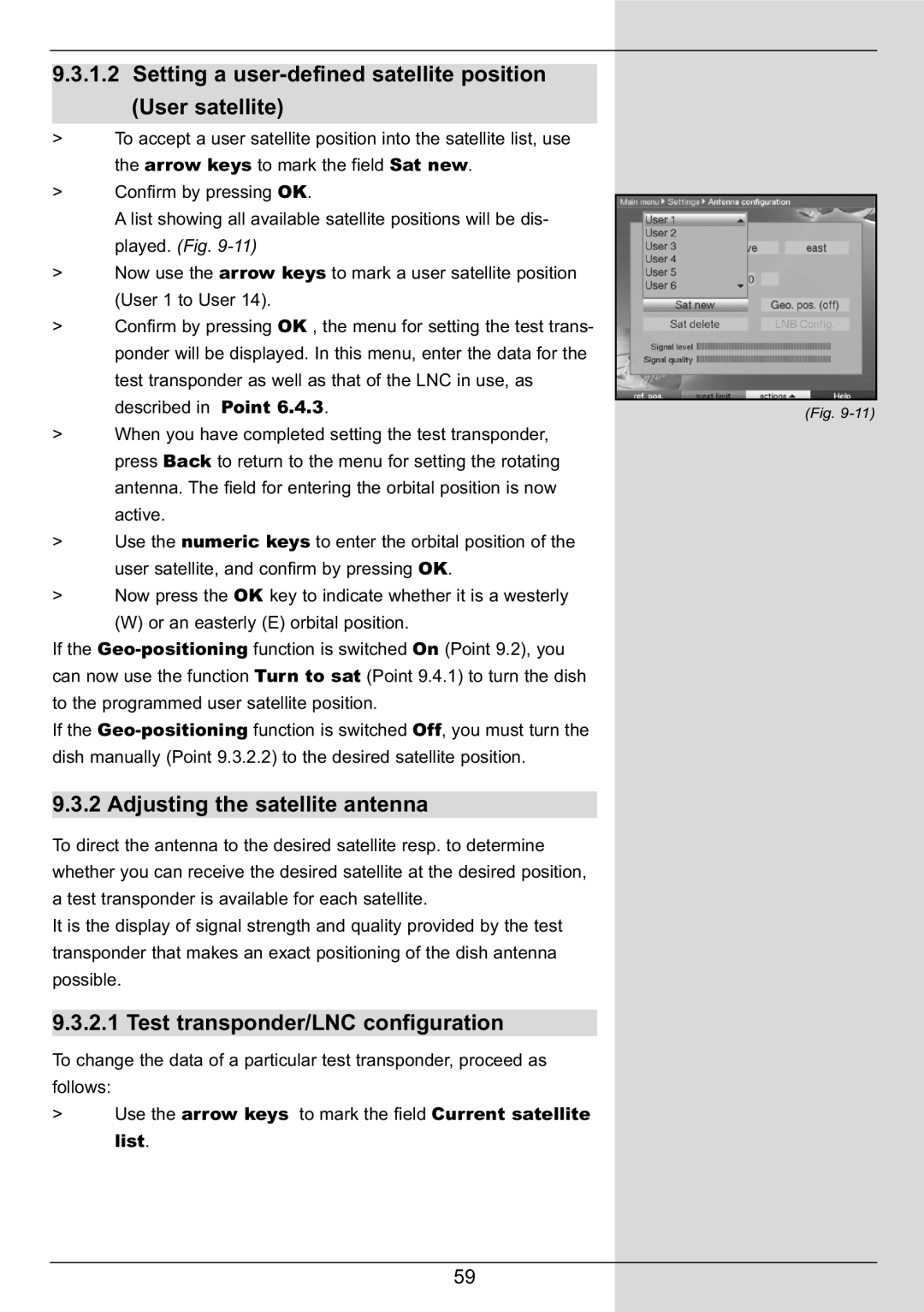 TechniSat DIGIT MF4-S manual Setting a user-defined satellite position User satellite, Adjusting the satellite antenna 