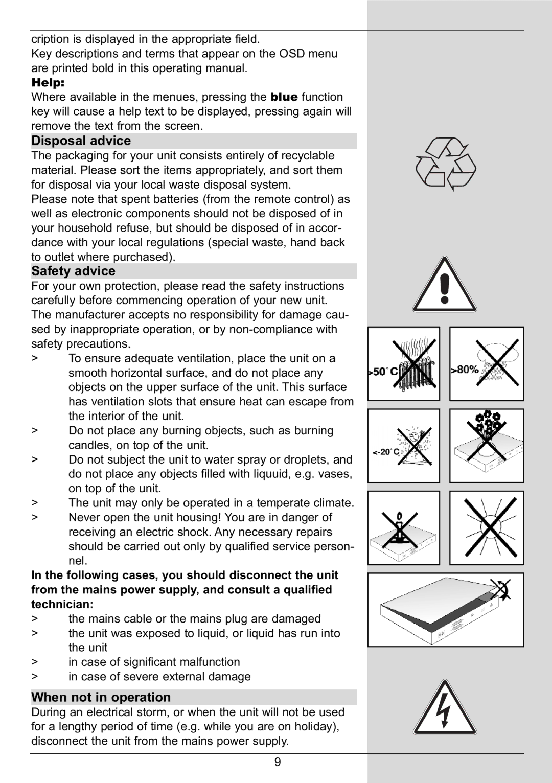 TechniSat DIGIT MF4-S manual Disposal advice, Safety advice, When not in operation, Help 