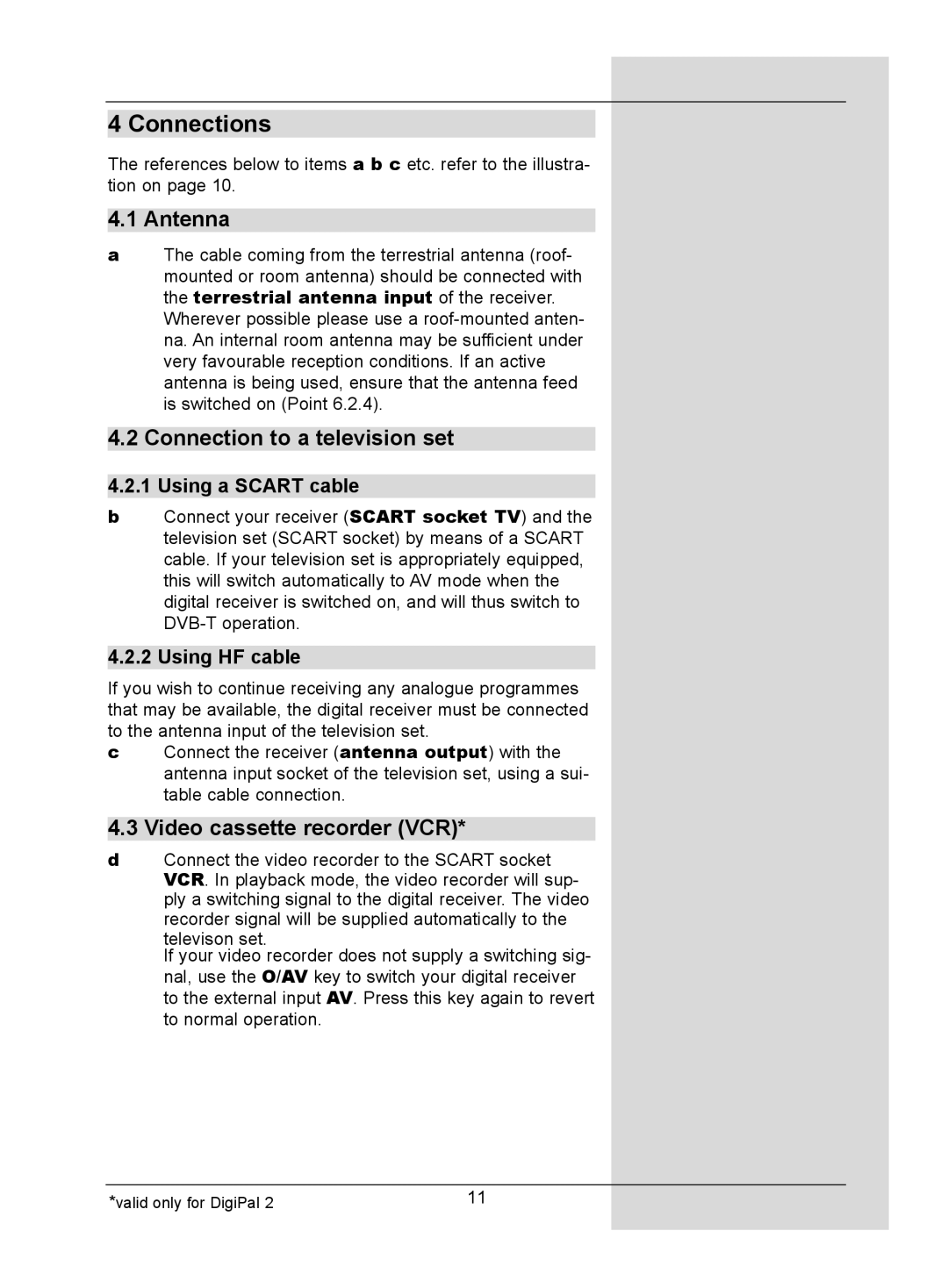 TechniSat DigitMod T1 manual Connections, Antenna, Connection to a television set, Video cassette recorder VCR 