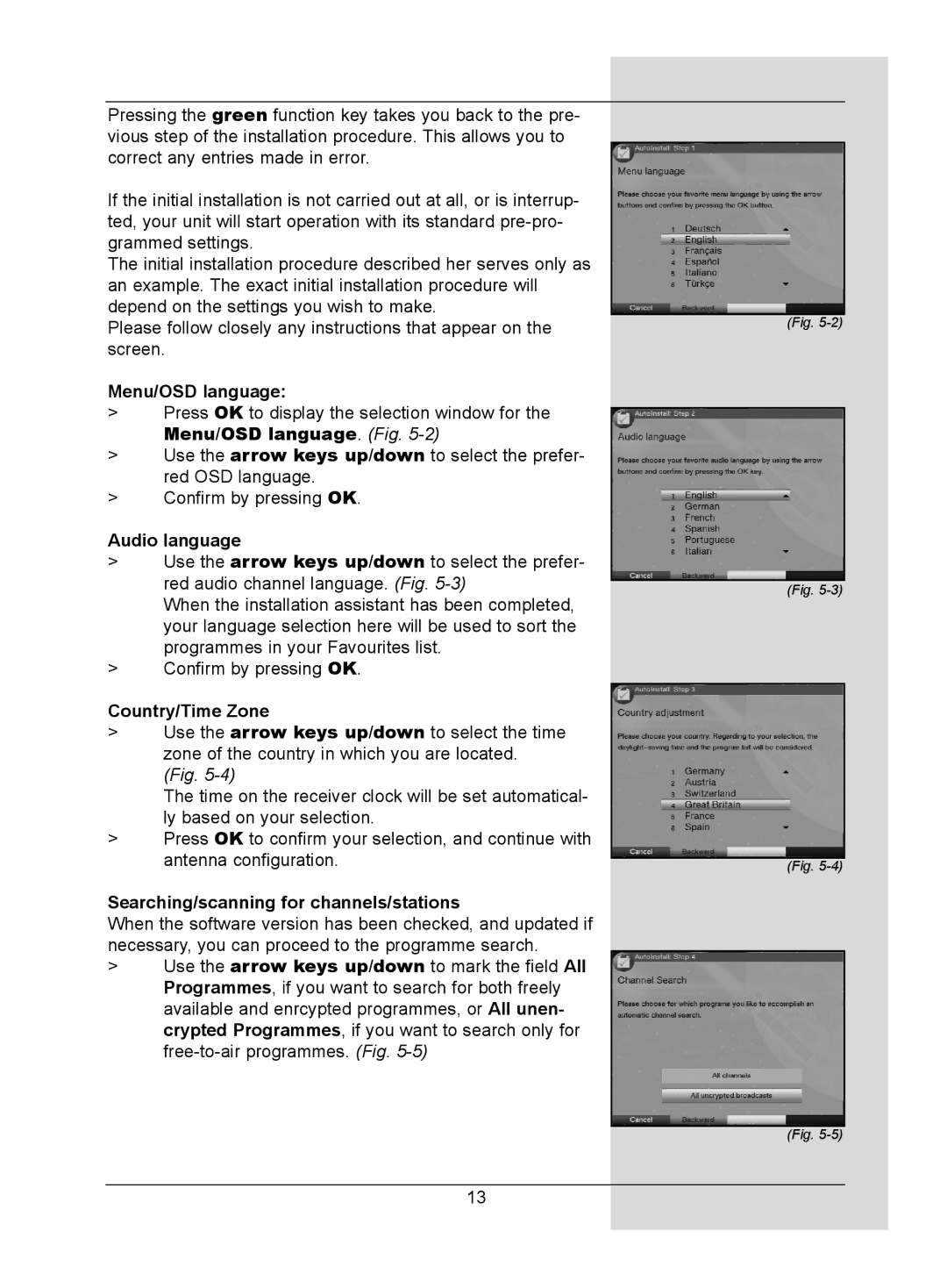 TechniSat DigitMod T1 manual Menu/OSD language. Fig, Audio language, Country/Time Zone 