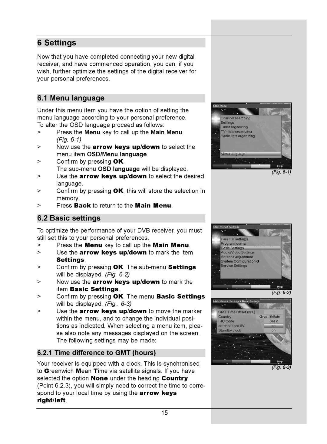 TechniSat DigitMod T1 manual Settings, Menu language, Basic settings, Time difference to GMT hours 