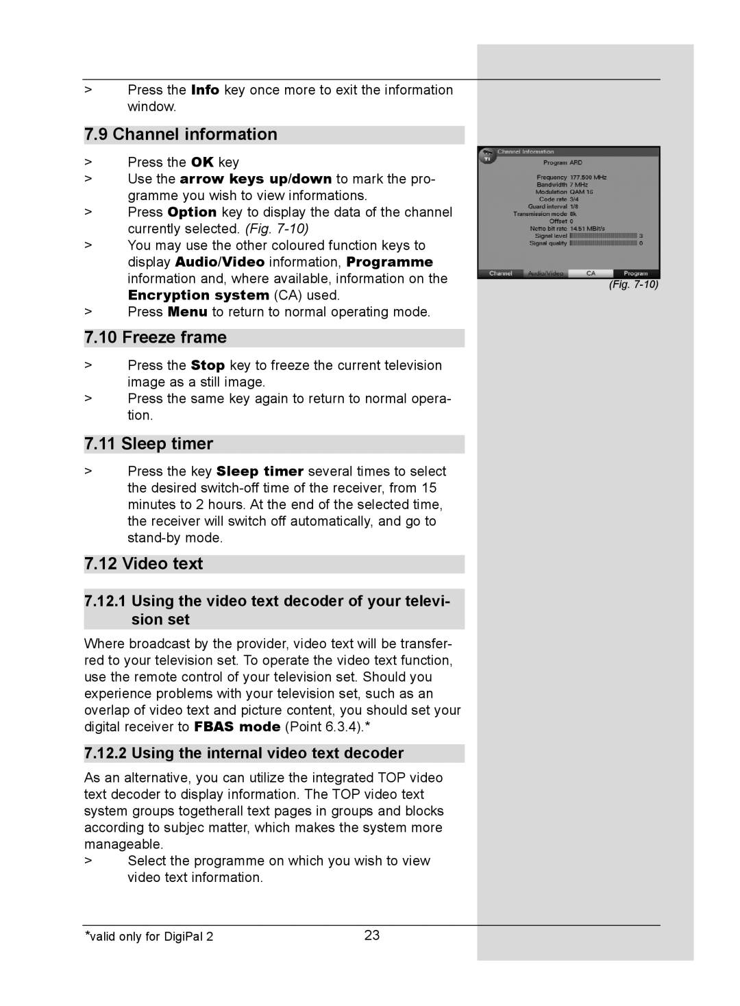 TechniSat DigitMod T1 manual Channel information, Freeze frame, Sleep timer, Video text 