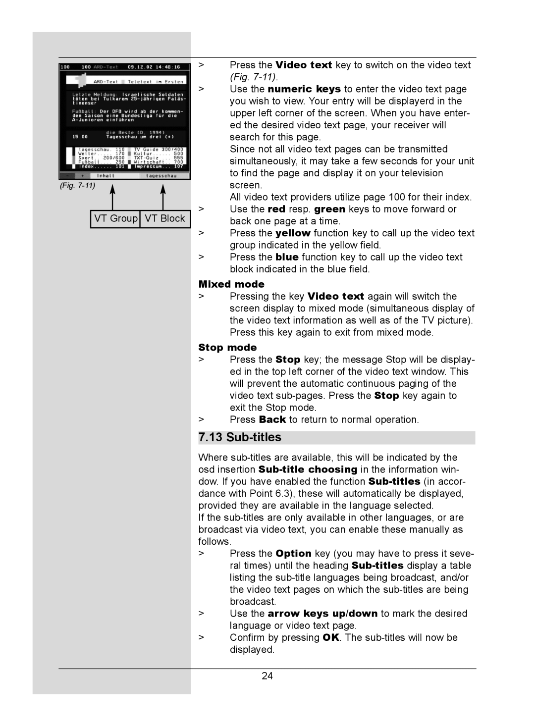 TechniSat DigitMod T1 manual Sub-titles, Mixed mode, Stop mode 