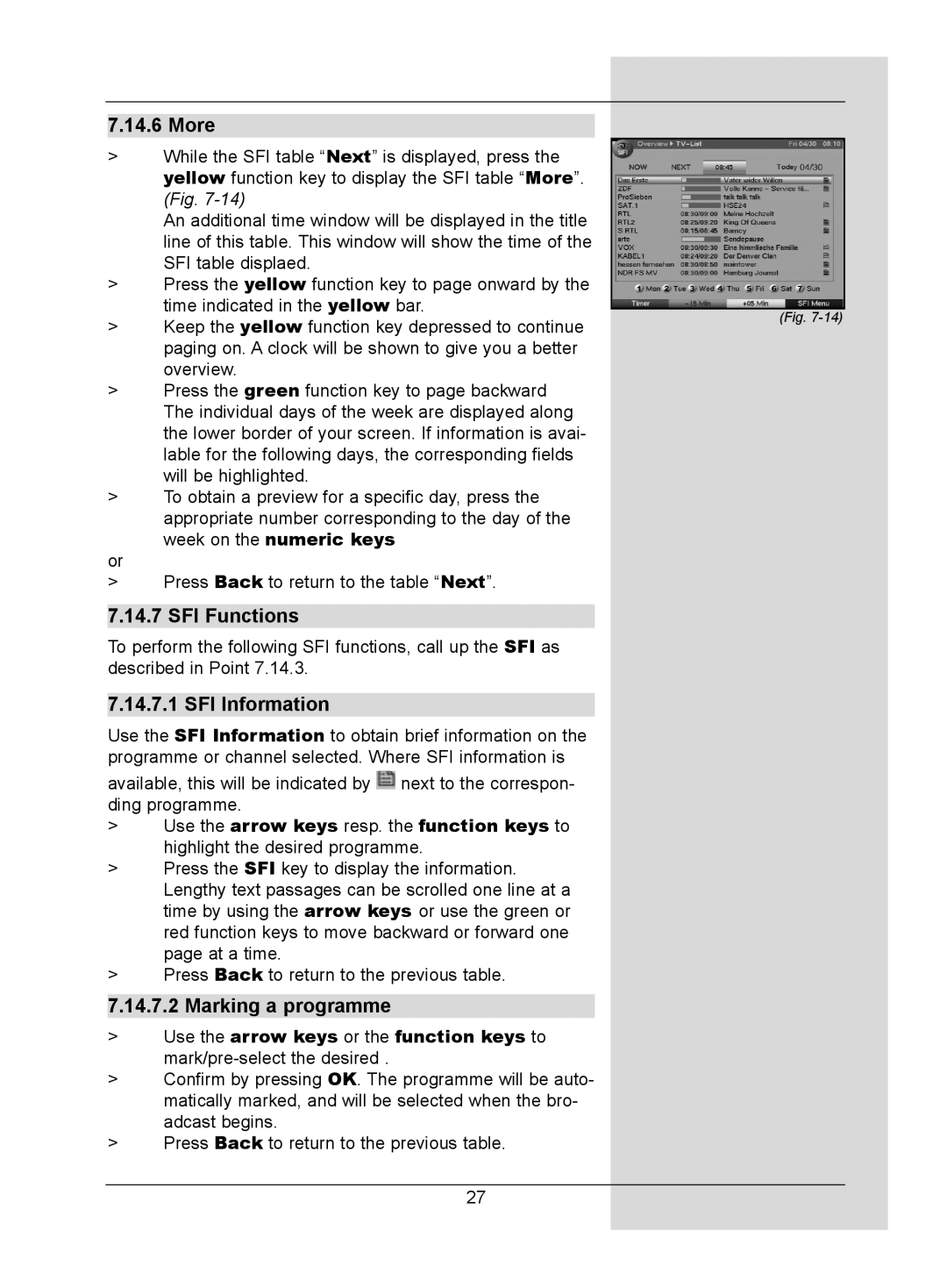 TechniSat DigitMod T1 manual More, SFI Functions, SFI Information, Marking a programme 