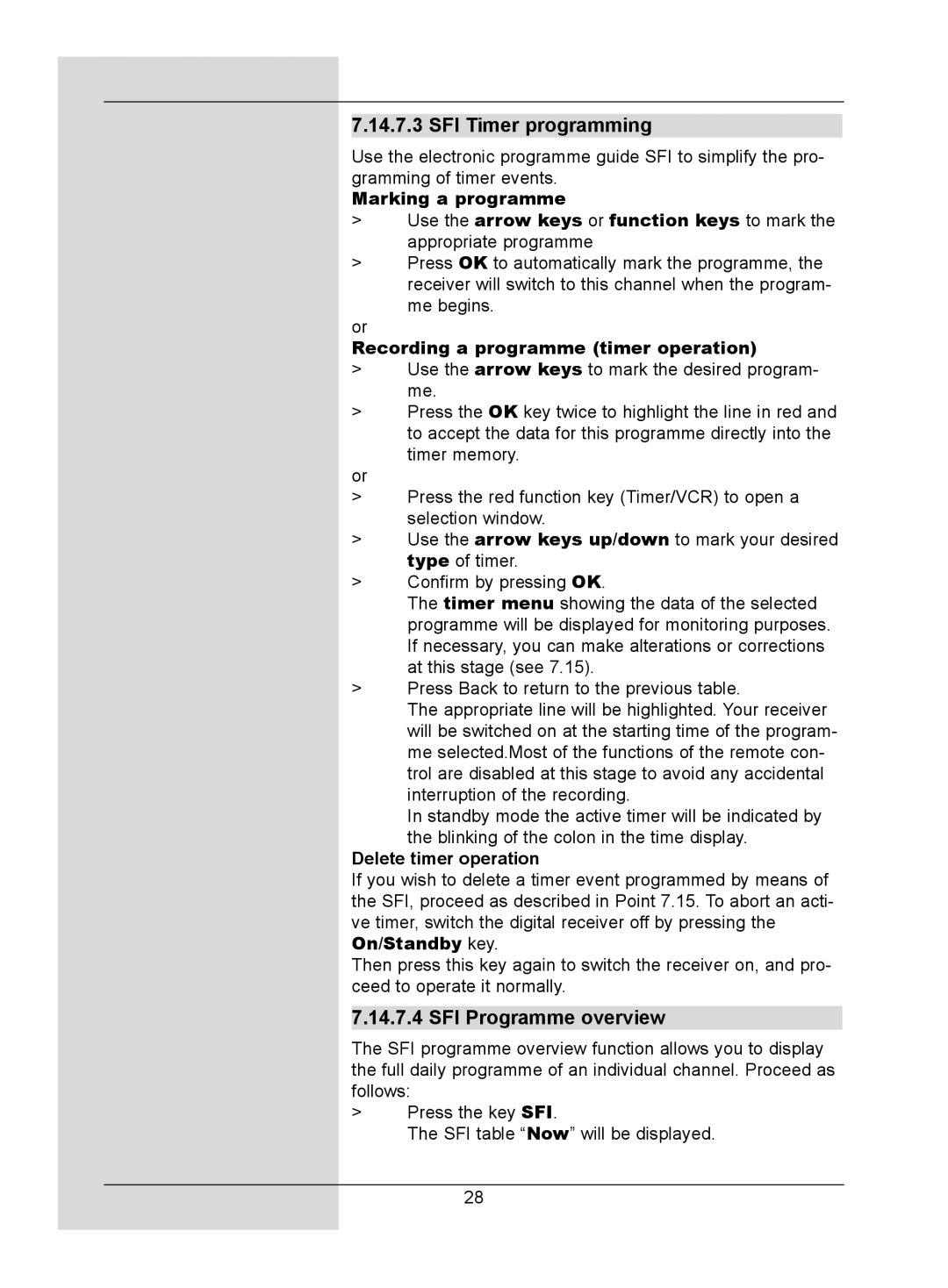 TechniSat DigitMod T1 manual SFI Timer programming, SFI Programme overview, Recording a programme timer operation 