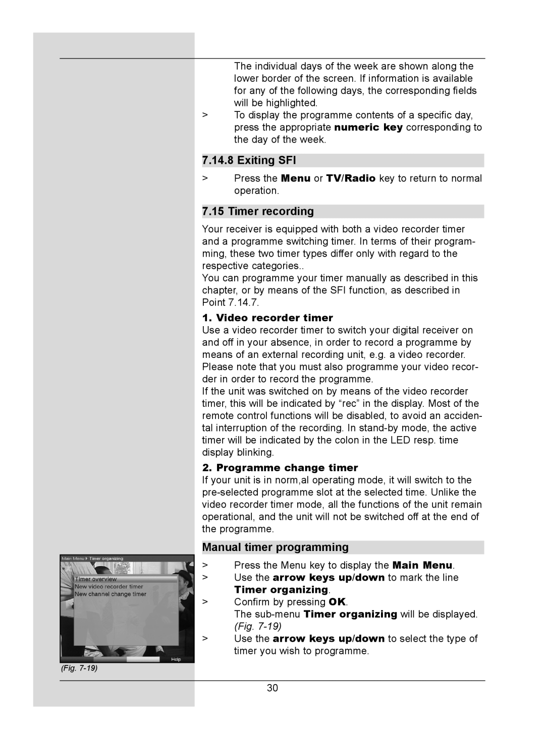 TechniSat DigitMod T1 manual Exiting SFI, Timer recording, Manual timer programming 