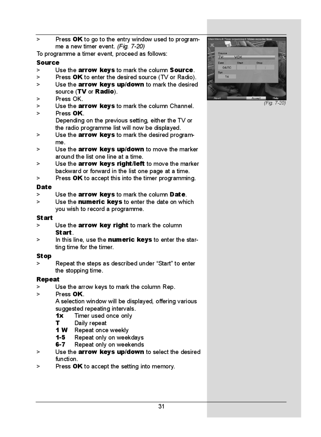 TechniSat DigitMod T1 manual Source, Date, Start, Stop, Repeat 