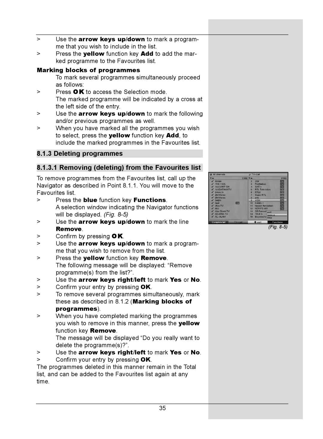 TechniSat DigitMod T1 manual Marking blocks of programmes, Use the arrow keys right/left to mark Yes or No 