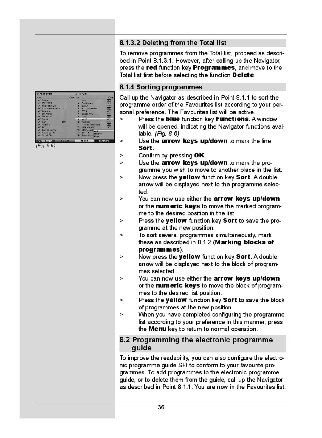 TechniSat DigitMod T1 manual Programming the electronic programme guide, Deleting from the Total list, Sorting programmes 