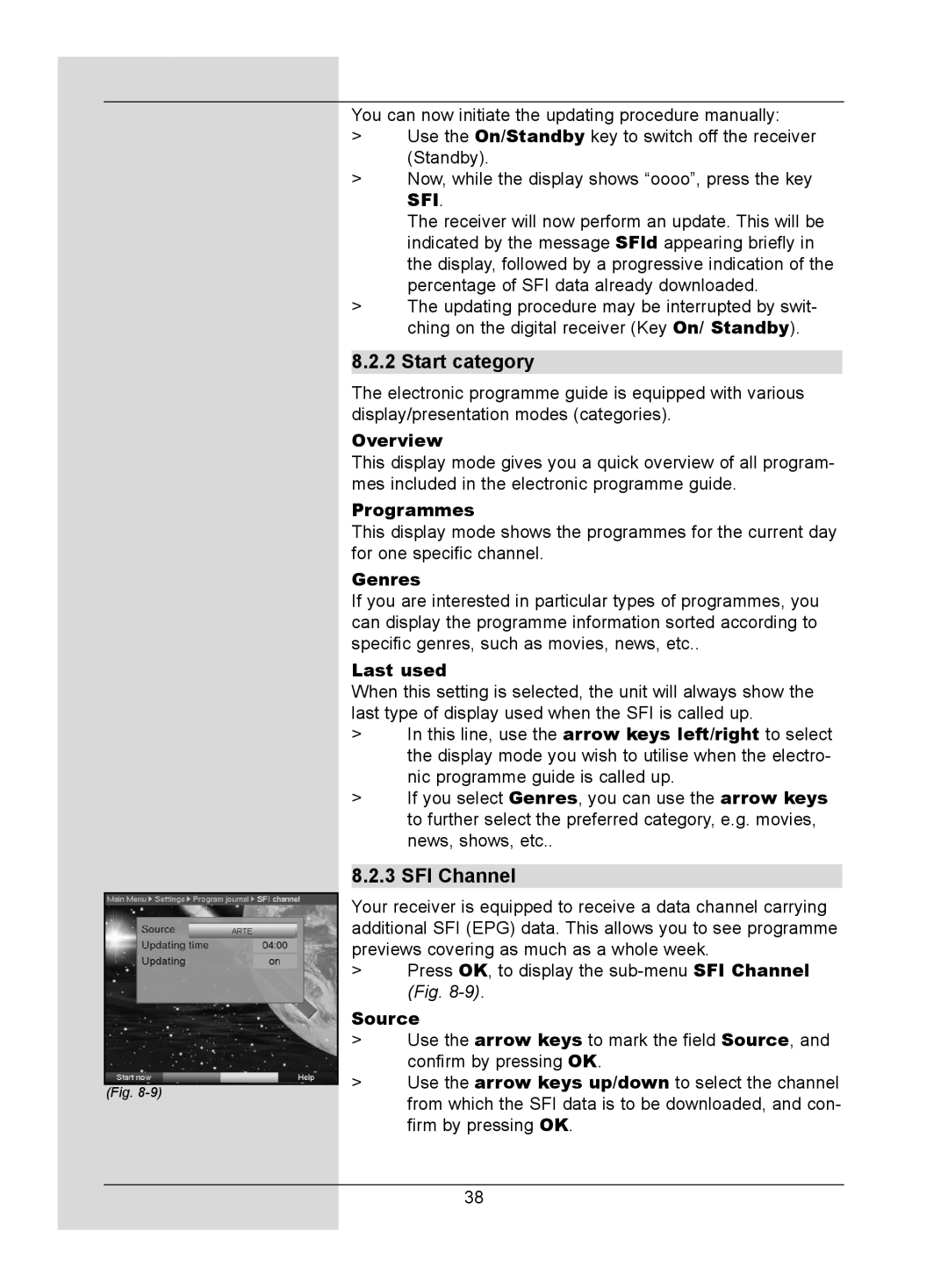 TechniSat DigitMod T1 manual Start category, SFI Channel, Overview, Genres, Last used 