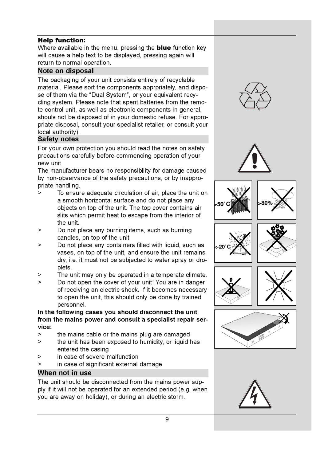 TechniSat DigitMod T1 manual Safety notes, When not in use, Help function 