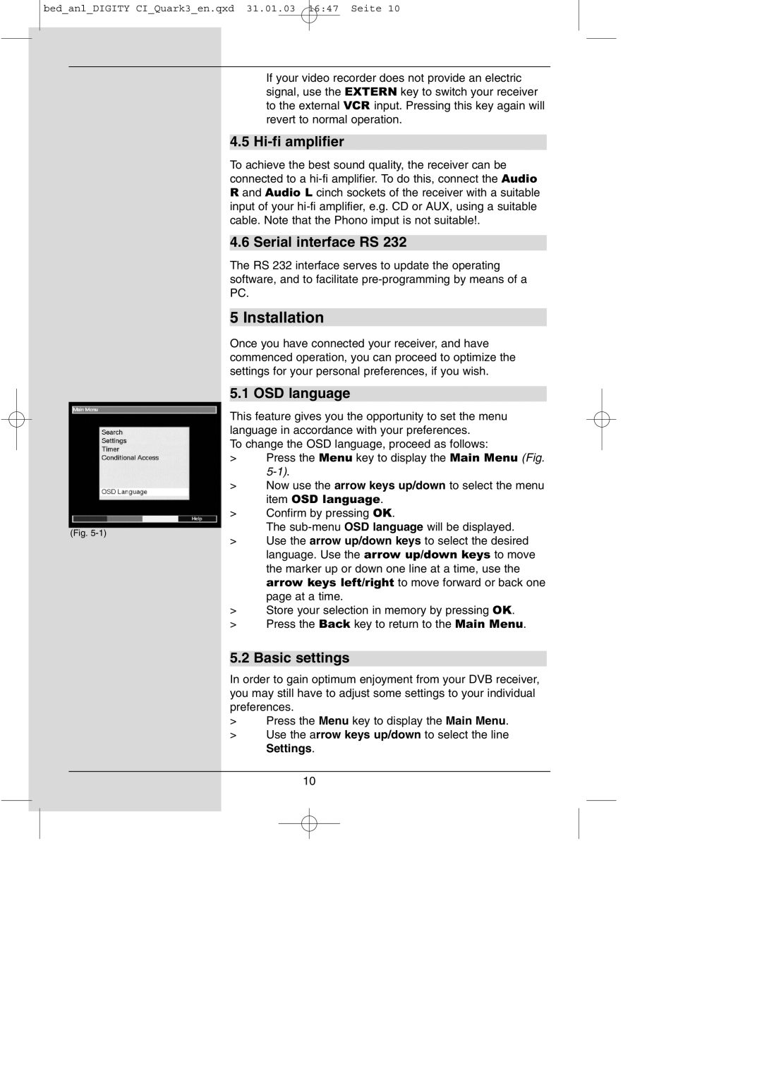 TechniSat DIGITY CI Operating Manual Installation, Hi-fi amplifier, Serial interface RS, OSD language, Basic settings 