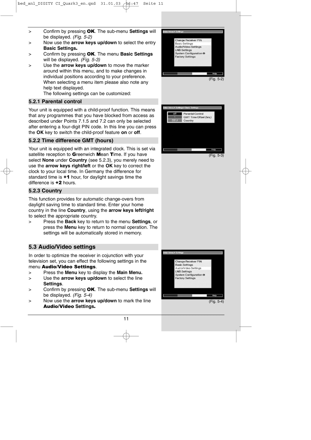 TechniSat DIGITY CI Operating Manual manual Audio/Video settings, Parental control, Time difference GMT hours, Country 