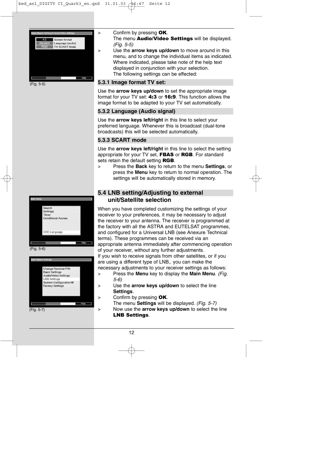 TechniSat DIGITY CI Operating Manual manual LNB setting/Adjusting to external unit/Satellite selection, Image format TV set 